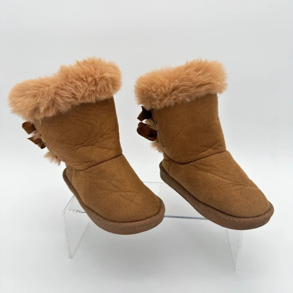 Faux Fur Winter Boots Size 8 Brown Suede Look Ribbon Tie Mid Calf